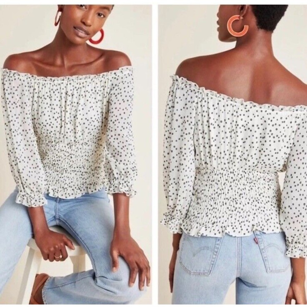 Anthropologie Off The Shoulder Smocked Waist Blouse‎ Size S Polka Dot Lucia Top